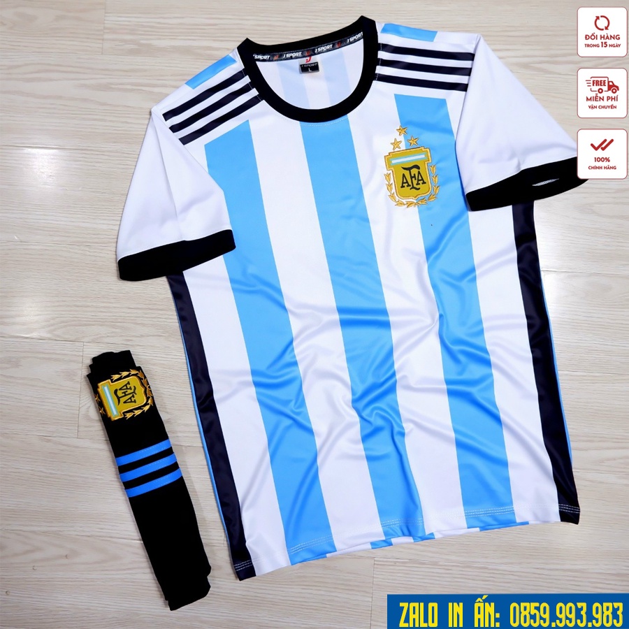 Bộ Quần Áo Bóng Đá Tuyển Argentina 3 Sao Logo Thêu Thun Lạnh Cao Cấp Mẫu Mới Nhất A26