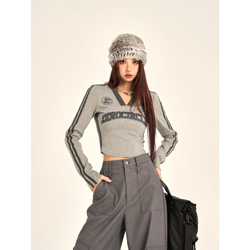 Áo Thun Tay Dài Cổ Chữ v In Họa Tiết Màu Sắc Thời Trang Xuân Thu Phong Cách Mỹ Cho Nữ