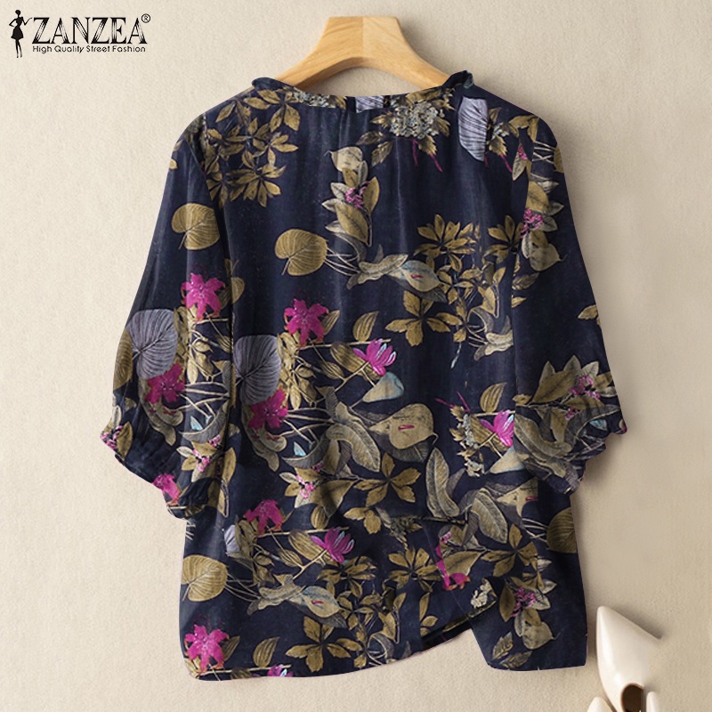 Áo kiểu ZANZEA tay lỡ 3/ 4 cổ tròn họa tiết hoa phong cách cổ điển dành cho nữ