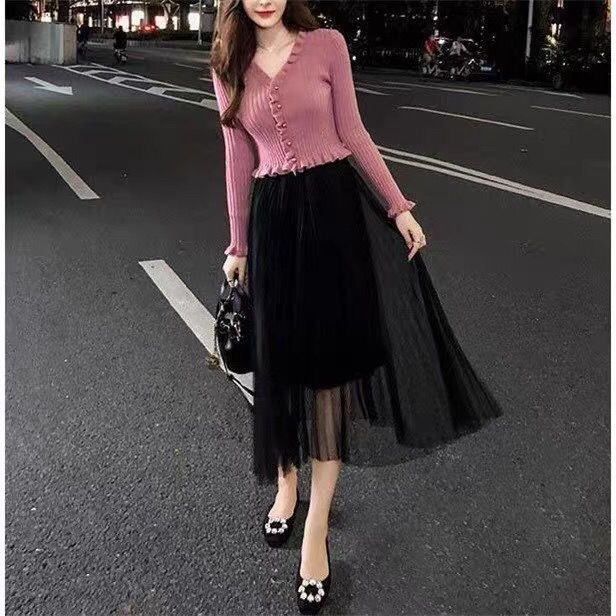 [Giao Ngay] Áo Sweater Dệt Kim Ngắn Tay Dài Dáng Ôm Màu Hồng Cá Tính Phong Cách Mới Thu Đông Cho Nữ