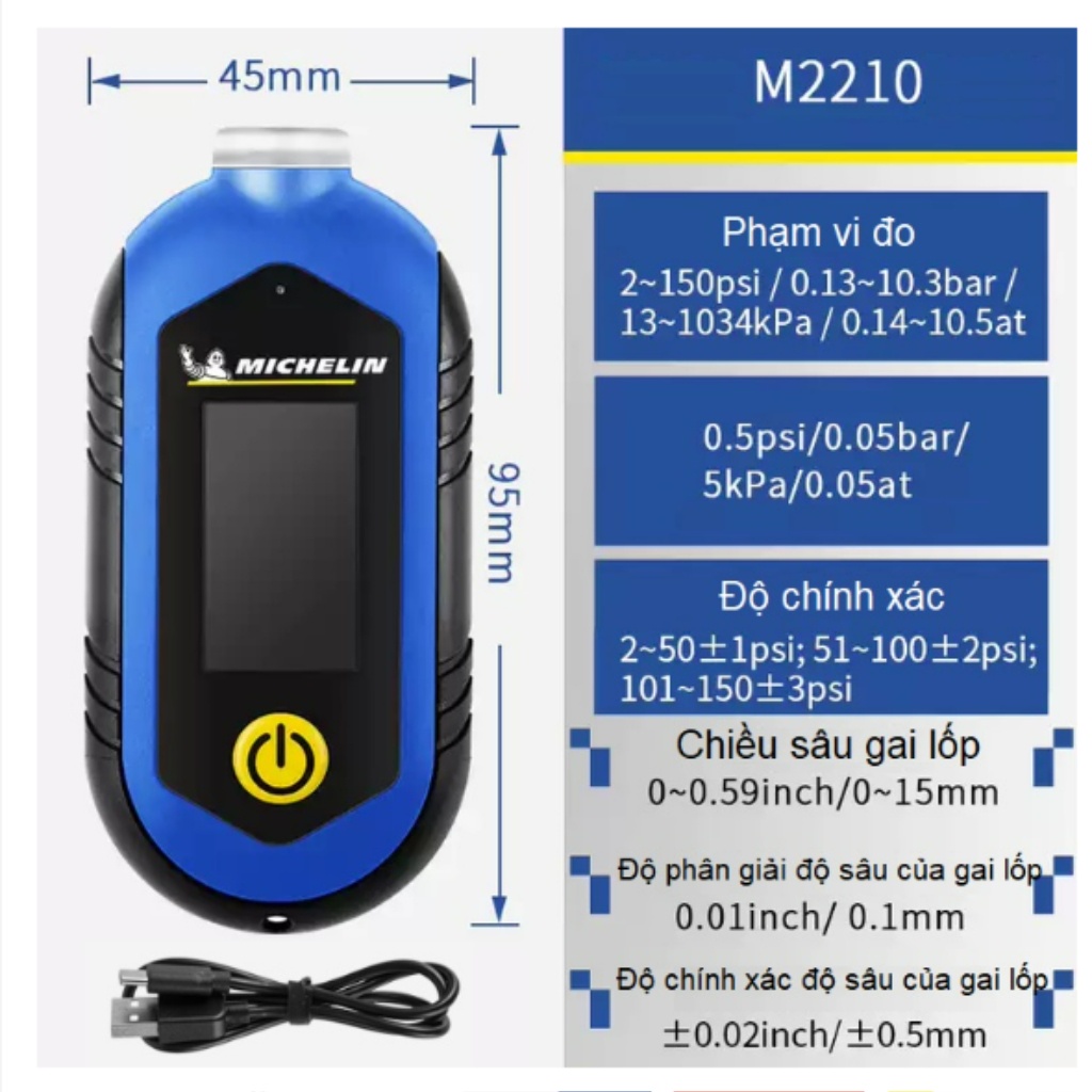 Đồng hồ đo áp suất lốp đo độ mòn lốp gai điện tử tích hợp sạc usb Michelin M2210 - Hàng chính hãng