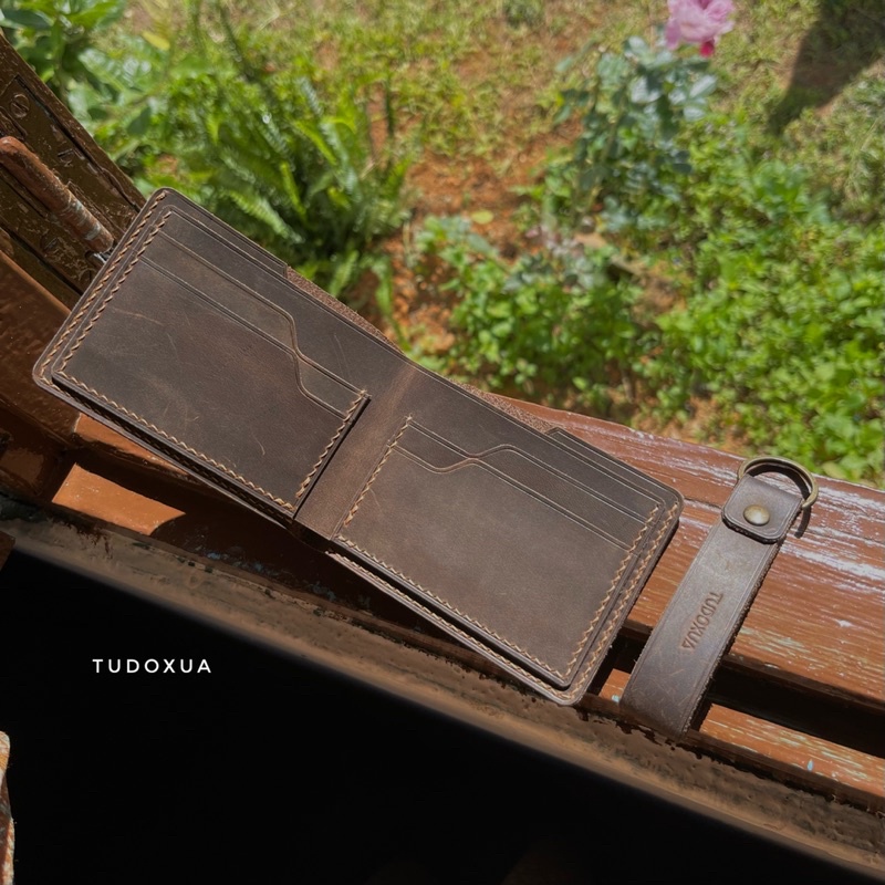 Ví da ngang khắc tên TUDOXUA MNS005 chất liệu da bò thật, tặng kèm móc khóa da