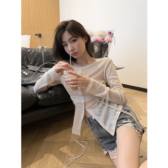 Porozi  Áo croptop vải dệt kim tay dài cổ tròn màu sắc đơn giản cho nữ