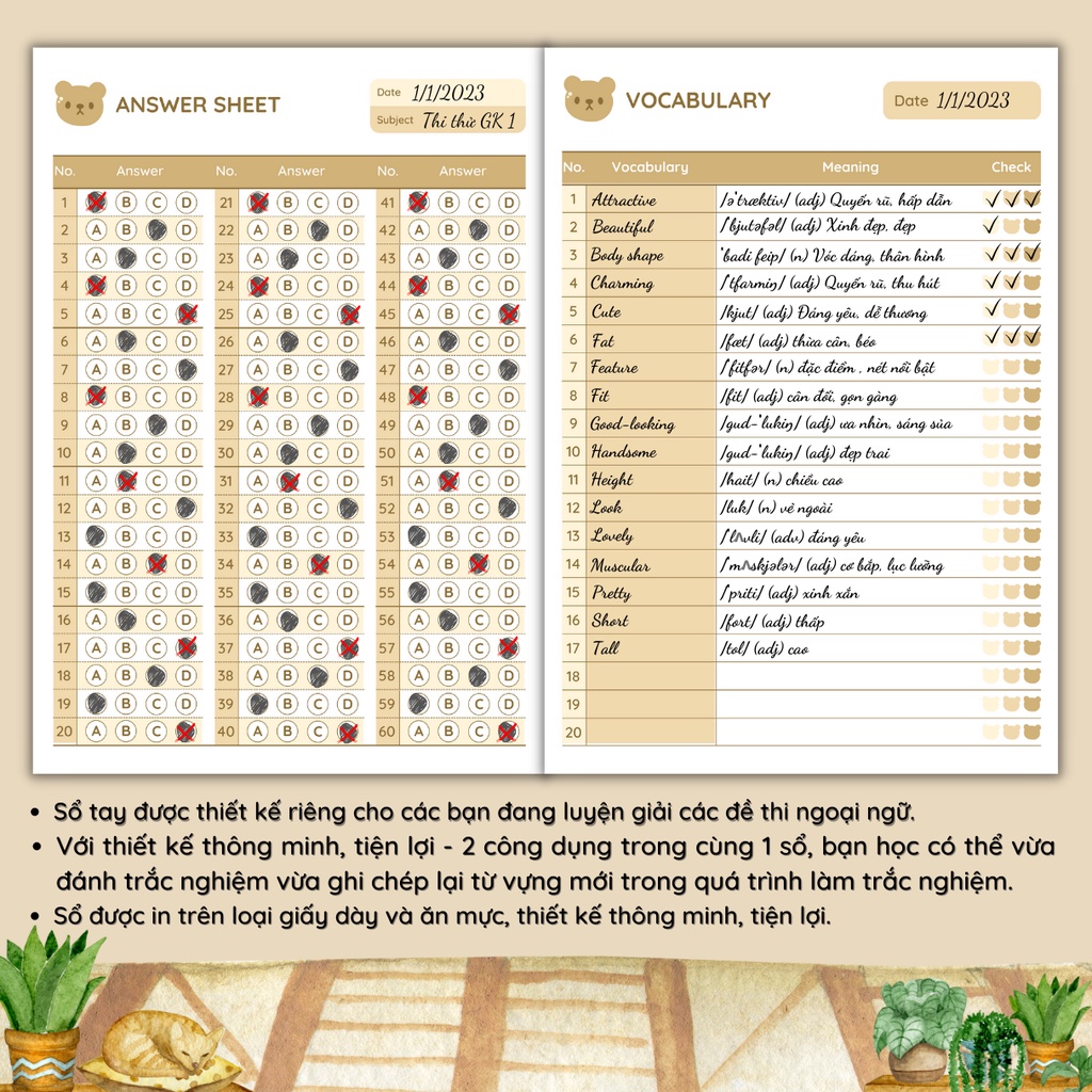 SỔ TAY TRẢ LỜI TRẮC NGHIỆM &amp; GHI CHÉP TỪ VỰNG - Answer Sheet &amp; Vocabulary Notebook - 72 trang/sổ, giấy dày, in màu