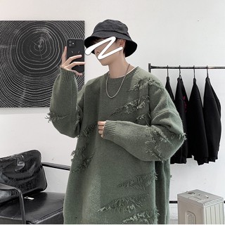 Áo sweater len nam oversize cổ tròn học sinh ulzzang unisex, Áo len nam sweater form rộng len rách phối viền học sinh