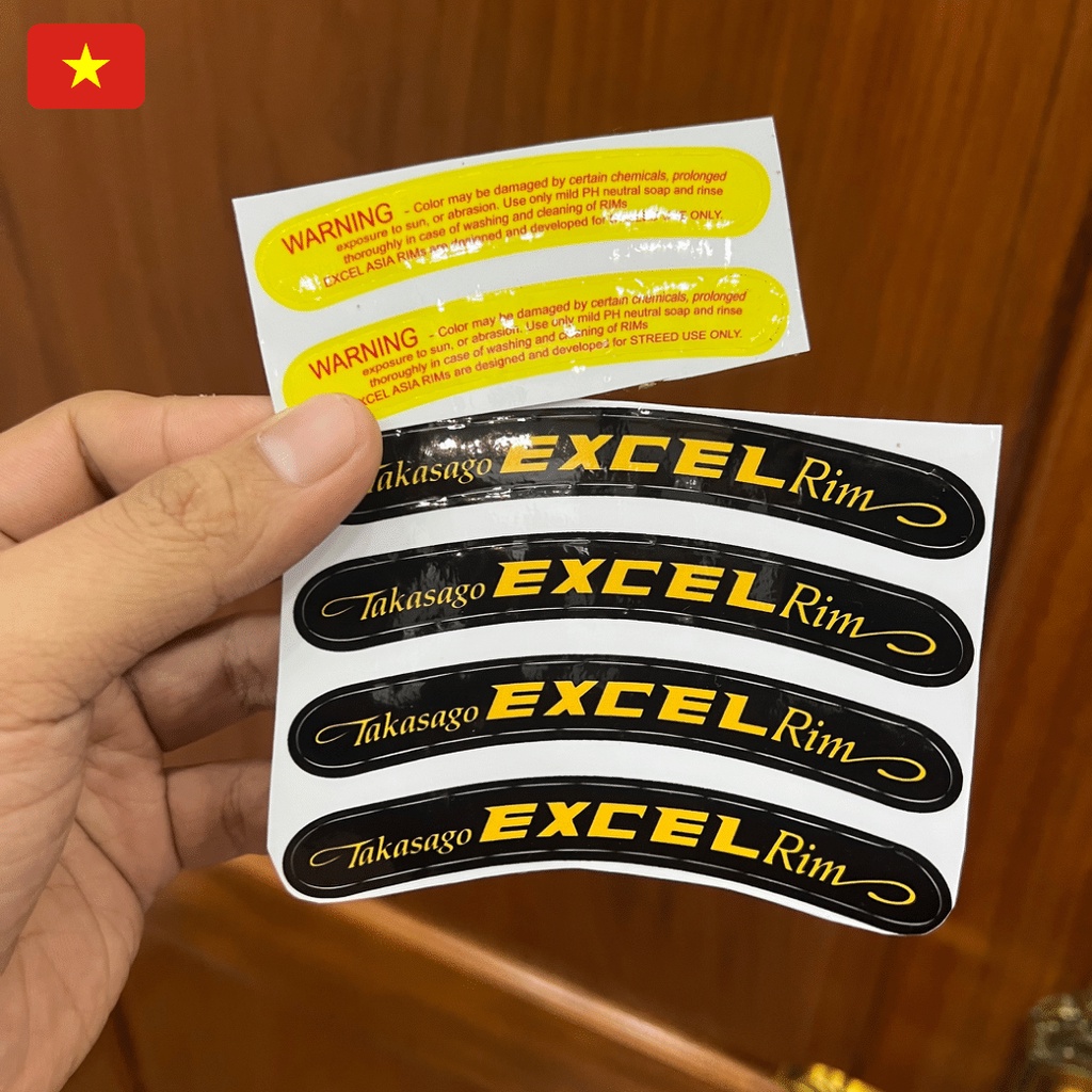 Tem dán vành excel asia,rim kèm tem warning đủ màu