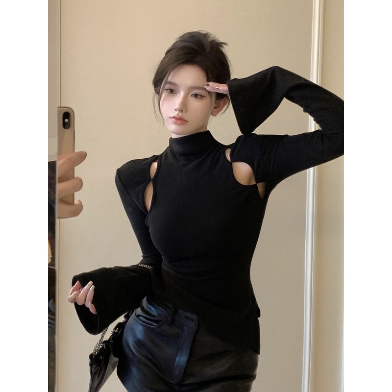 Áo Dệt Kim Dáng Ôm Khoét Rỗng Kiểu Slouchy Pháp Cho Nữ