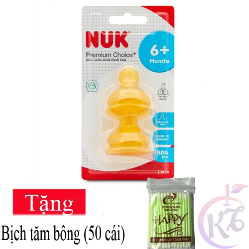 Ty thay bình sữa NUK Cao Su Cổ Rộng size 2S - 2 cái/vỹ Tặng 1 bịch tăm bông - Núm ty thay thế Premium Choice NU66052