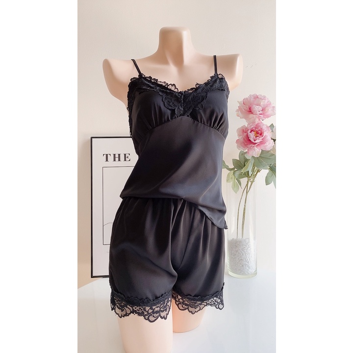 LL547-1 - Đồ bộ lụa mặc nhà sexy - đồ bộ hai dây phối ren -cochunhochuyensi