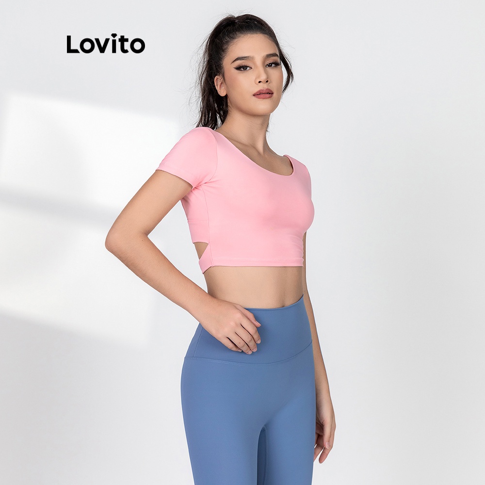 Áo ngực thể thao Lovito có miếng đệm ngực thiết kế đan dây chéo sau lưng màu trơn nhanh khô L06015 (màu tím nhạt)