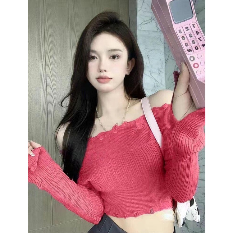 Áo Dệt Kim Trễ Vai Một Bên Vai Màu Trơn Thời Trang Mùa Thu Cho Nữ