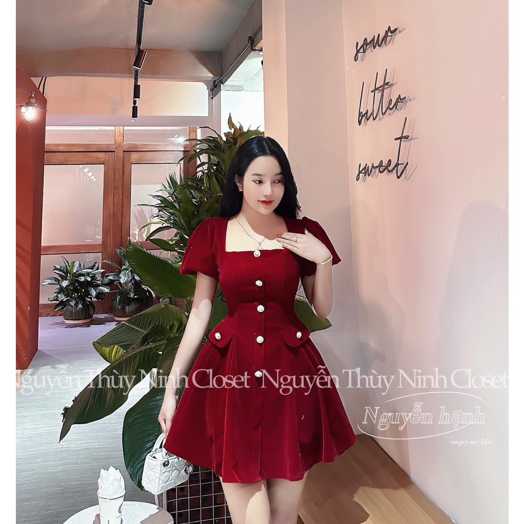 Váy đầm xòe tay ngắn phồng vai, cổ vuông đính nút ,có túi 2 bên hông thời trang nữ duyên dáng dịu dàng sang chảnh