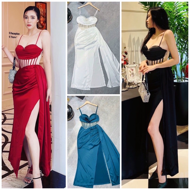 Đầm dạ hội phi hai dây dún ngực cao cấp
