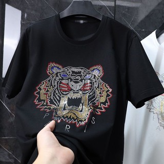 Áo Nam Làm Nóng Kim Cương Hổ Tay Ngắn Nguyên Chất Cotton Đáy Áo Sơ Mi Thời Trang Đường Phố Mặc Bé Trai Top