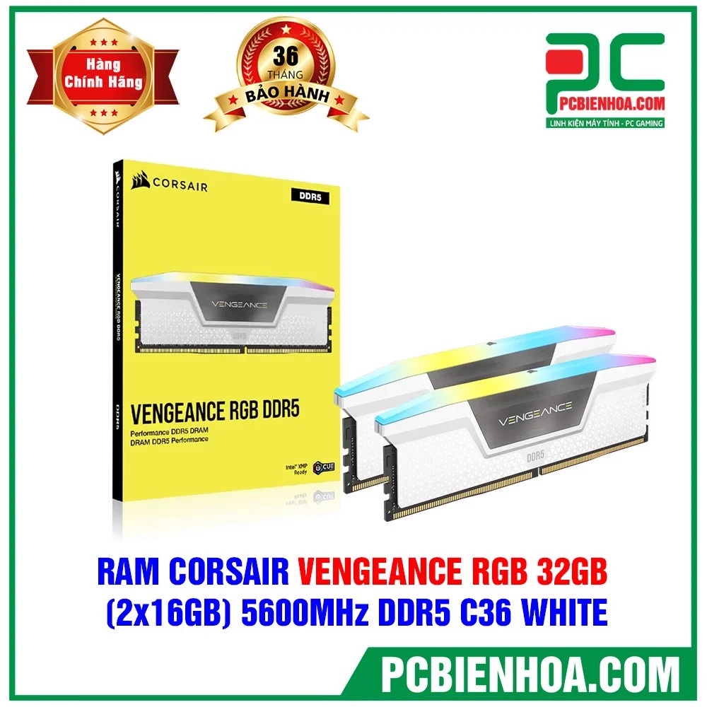 RAM máy tính CORSAIR VENGEANCE RGB 32GB (2X16GB) 5600MHZ DDR5 C36 trắng/ đen - hàng chính hãng