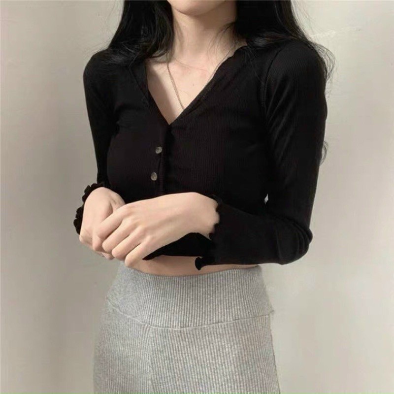 Áo dài tay CropTop viền bèo thun gân cổ V cúc cài CRT20