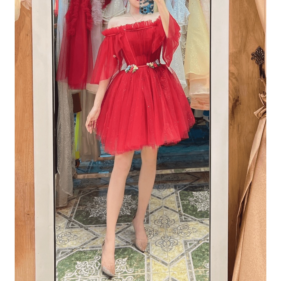 SIÊU SALE ĐẦM LƯỚI HOA EO THIẾT KẾ TAY DÀI NGANG VAI  , ĐẦM XÒE XINH XẮN KHI ĐI CHƠI , DỰ TIỆC UP SHOP HHP