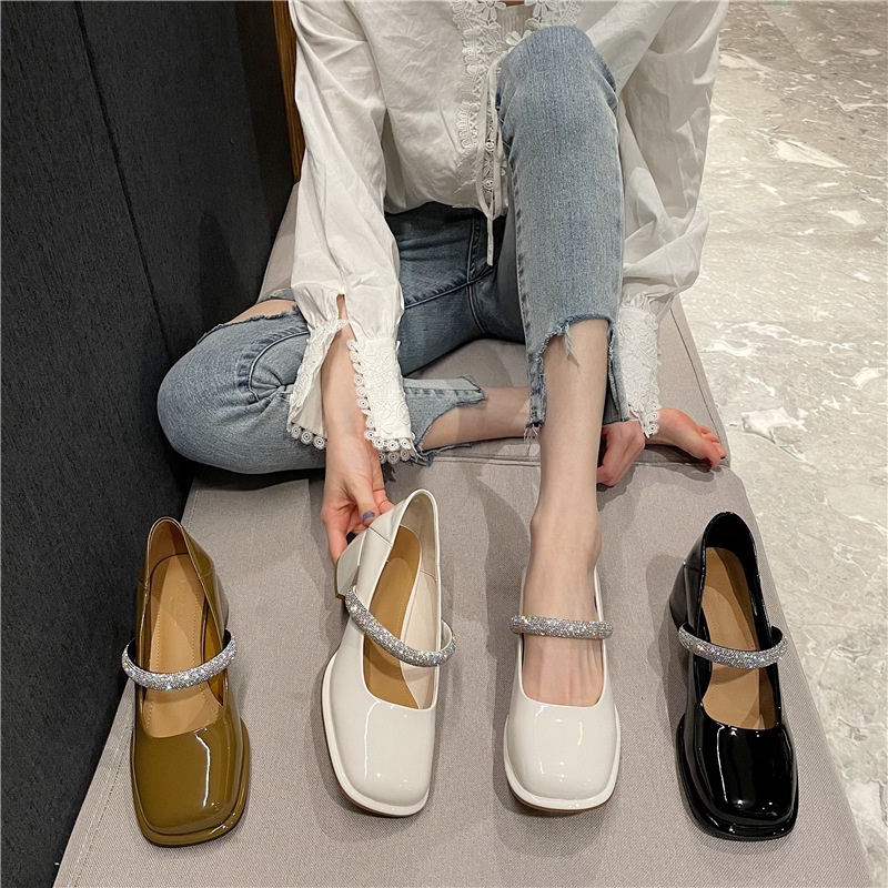 Giày nữ Lolita gót vuông cao 5 phân mũi tròn quai ngang ánh bạc hàng Hồng Kông cao cấp full box- Mã BQ0024