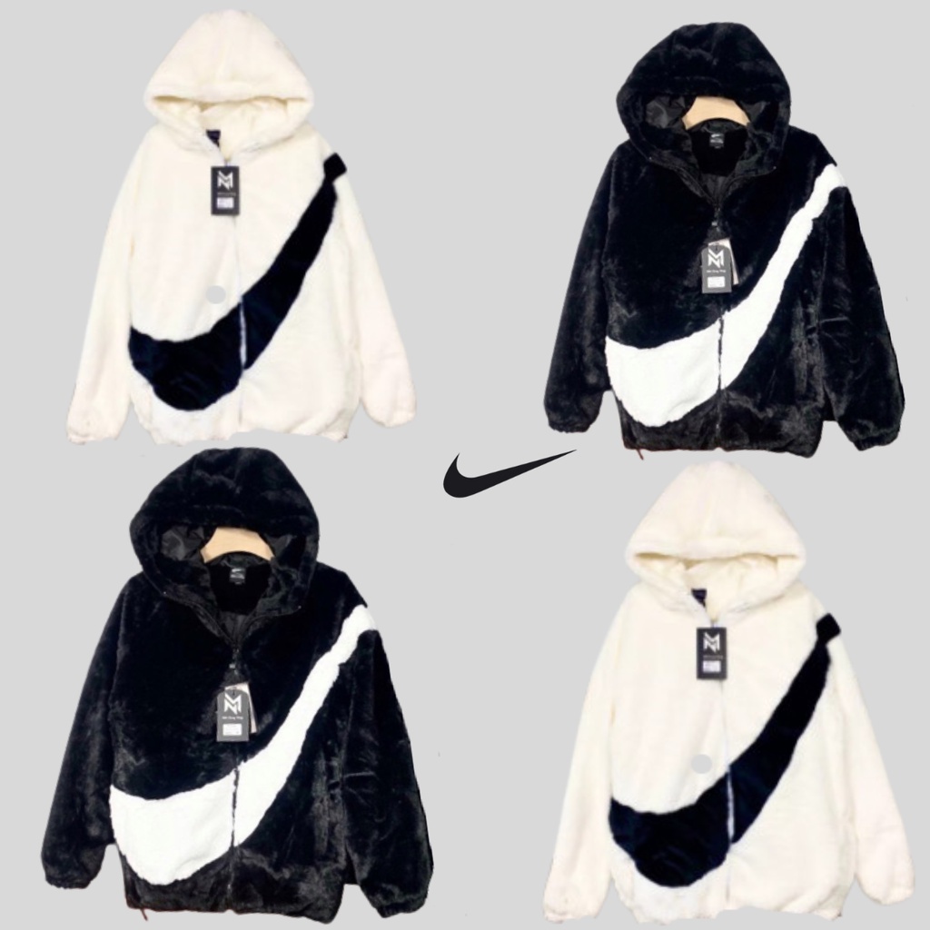Áo khoác lông cừu NIKE có Mũ 2 lớp dày dặn phối Kẻ Sọc tay Thời Trang Ấm Áp dễ phối đồ