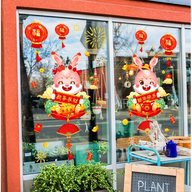 Decal trang trí Tết Trung Thu hít tĩnh điện - Cặp Thỏ cầm bảng Hỷ chào Năm mới