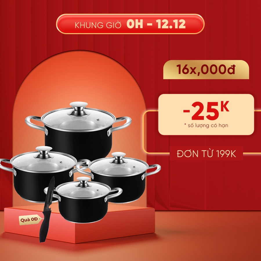 Bộ nồi Inox bếp từ SUPO 5 Đáy, bộ 4 nồi inox size 20, 22, 24,26 cm vung kính cao cấp