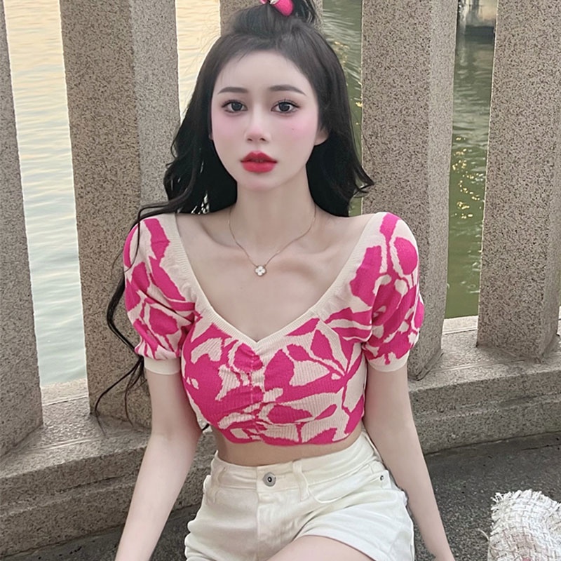 Áo Dệt Kim Tay Phồng Ngắn Cổ Chữ V Dáng Ôm Thời Trang Hàn Quốc Cho Nữ