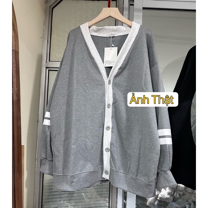 Áo Khoác Cardigan Màu Xám Viền Trắng 2 Sọc tay Cúc Cài chất Nỉ bông