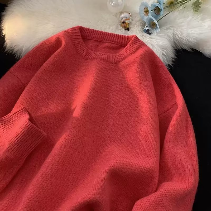 Hattongutto COD OOTD Áo sweater Dệt Kim Chui Đầu Cổ Tròn Dáng Rộng Màu Trơn Đơn Giản Thời Trang Thu Đông Cho Nam