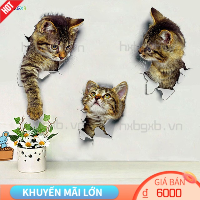 Sticker dán trang trí tường hình chú mèo 3D độc đáo