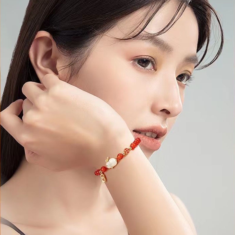 Vòng Tay Co Giãn Xâu Hạt Nephrite Hình Thỏ Thời Trang Cho Nữ