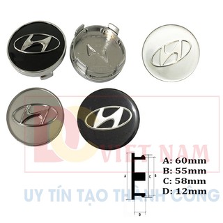 Logo chụp mâm, ốp vành la zăng bánh xe ô tô Hyundai, đường kính 60MM và 65MM, chất liệu nhựa ABS cao cấp