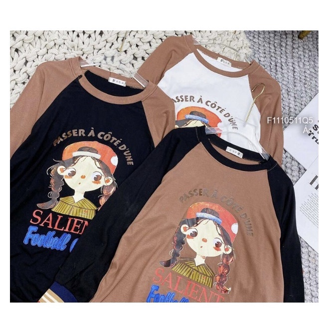 Áo bầu thu đông thun dài tay màu bo ống sọc màu in hình cô gái