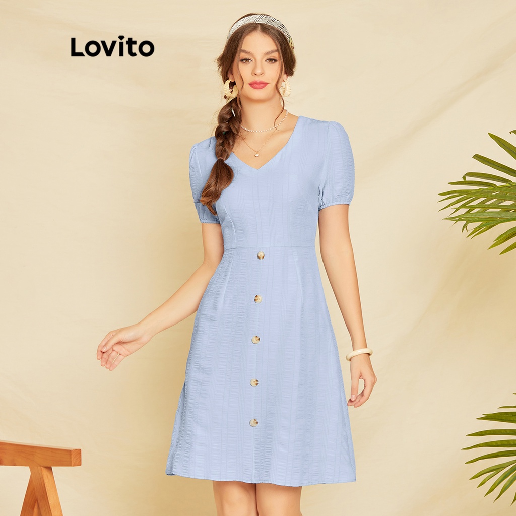 Boho Lovito Đơn giản V Cổ phồng Tay áo Phụ nữ Váy L33LD071 (Xanh nhạt)