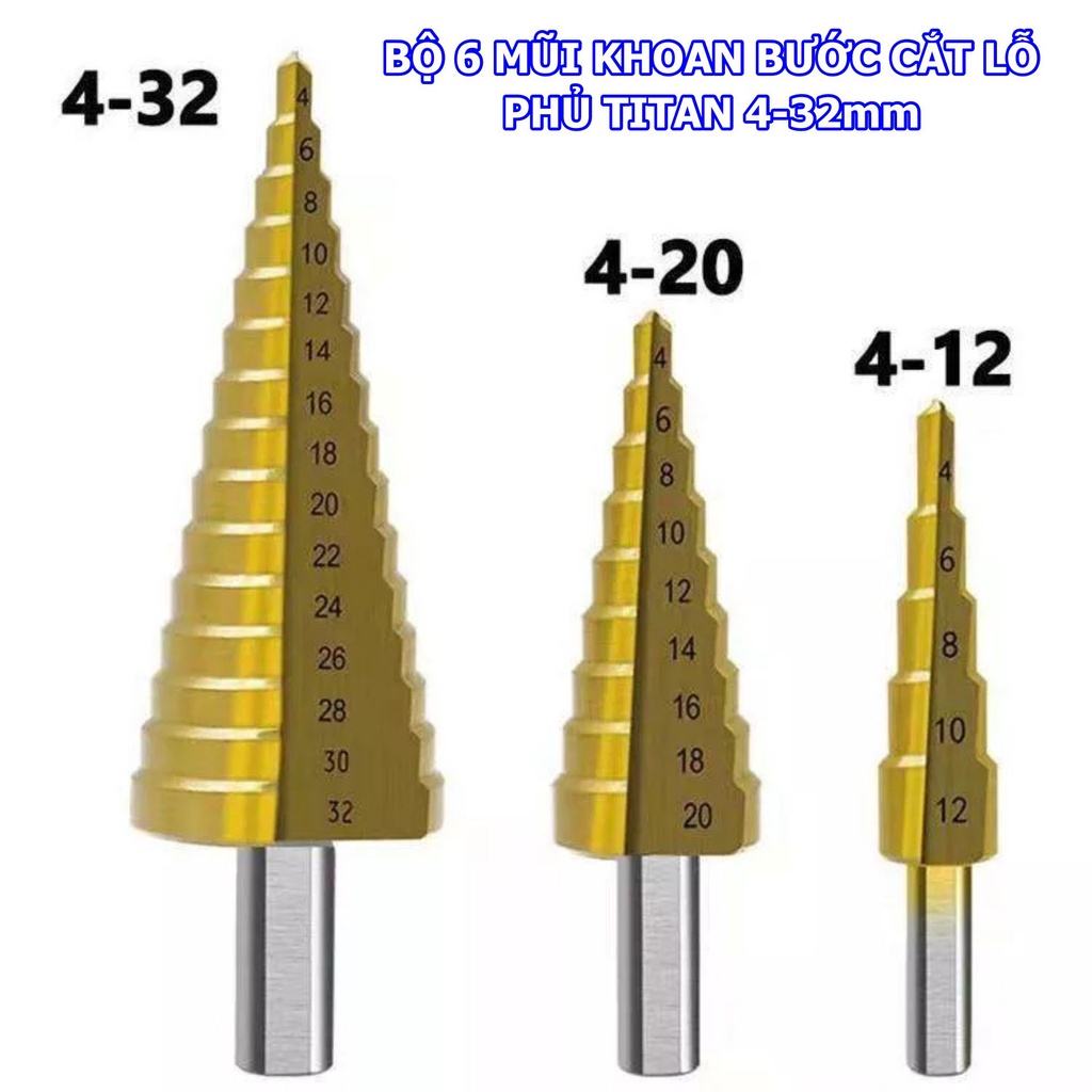 Mũi khoan tháp bước 4-32mm chân trụ chuẩn Nhật - Mũi khoan răng cưa 3-8mm - Bộ 6 mũi khoan đa năng