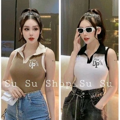 Áo ba lỗ cổ bẻ in chữ Up never Give