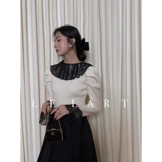 Áo len cổ tàu viền ren bèo to tay dài cổ tay bèo ren