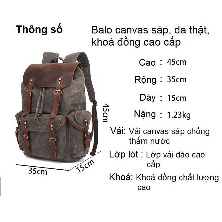 Balo canvas sáp, da thật, khoá đồng cao cấp