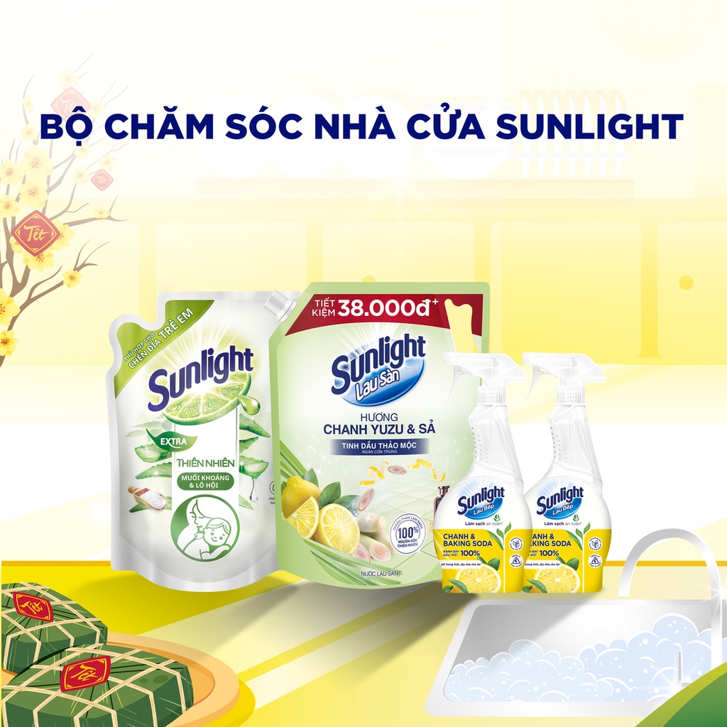 Combo 4 Trọn bộ Sunlight dọn Tết: Nước rửa chén Thiên Nhiên 2.1kg + Nước lau sàn Chanh Sả 3.4kg + 2 Nước lau bếp 500ml