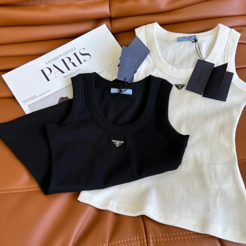 Áo Vest Prada Nhỏ Vải Cotton Họa Tiết Kẻ Sọc / Kim Loại Thời Trang Cho Nữ