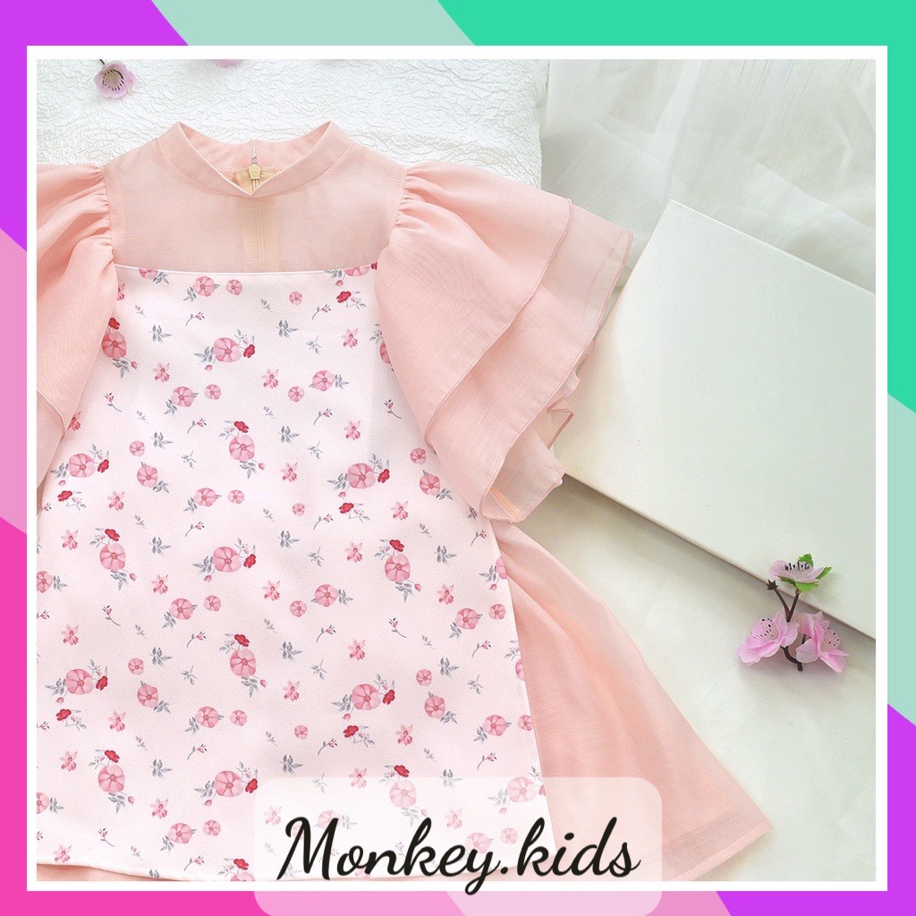 Áo dài cách tân bé gái hoa nhí tay bồng sét áo dài cho bé gái từ 2 đến 9 tuổi Monkey kids