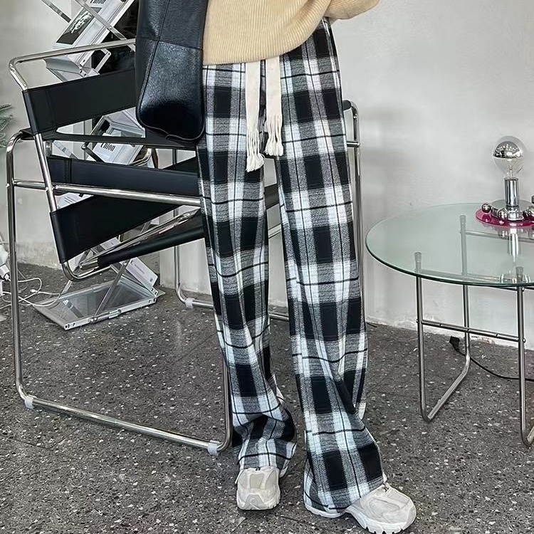 SUXI Quần Dài Lưng Cao Ống Rộng Họa Tiết Sọc Caro Thời Trang Xuân Thu