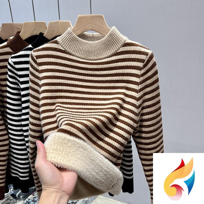Áo Sweater Lông Cừu Dày Một Mảnh Cổ Lọ Kẻ Sọc Phong Cách Mới 2022 Cho Nữ