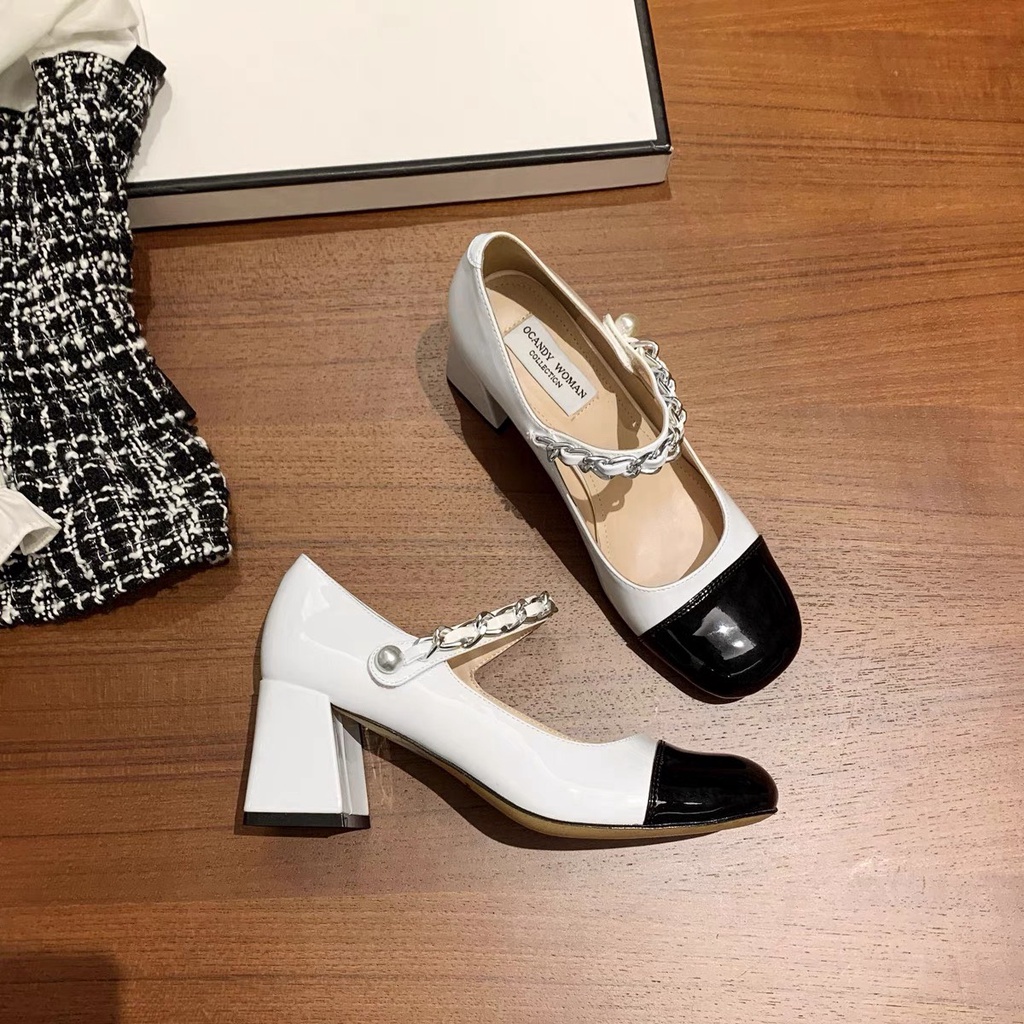 Giày cao gót đế vuông miumiu họa tiết quai xích ngọc tiểu thư thanh lịch