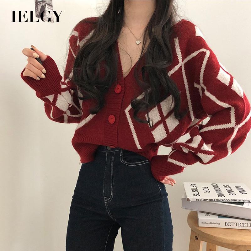 IELGY Áo Khoác cardigan Dệt Kim Họa Tiết Kẻ Sọc Màu Sắc Tương Phản Phong Cách Hàn Quốc Cho Nữ