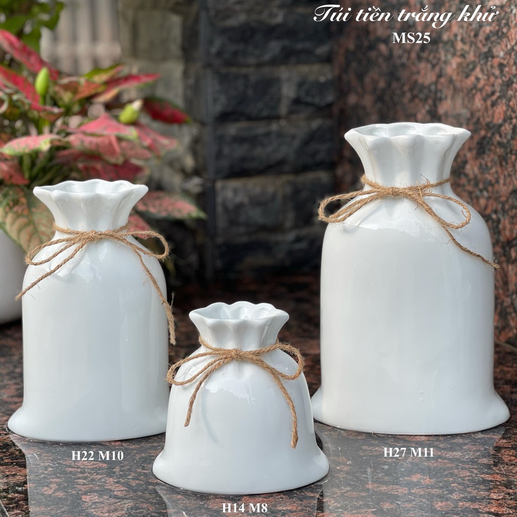 Bình cắm hoa trắng cổ hình lọ hoa và túi tiền decor đẹp mắt