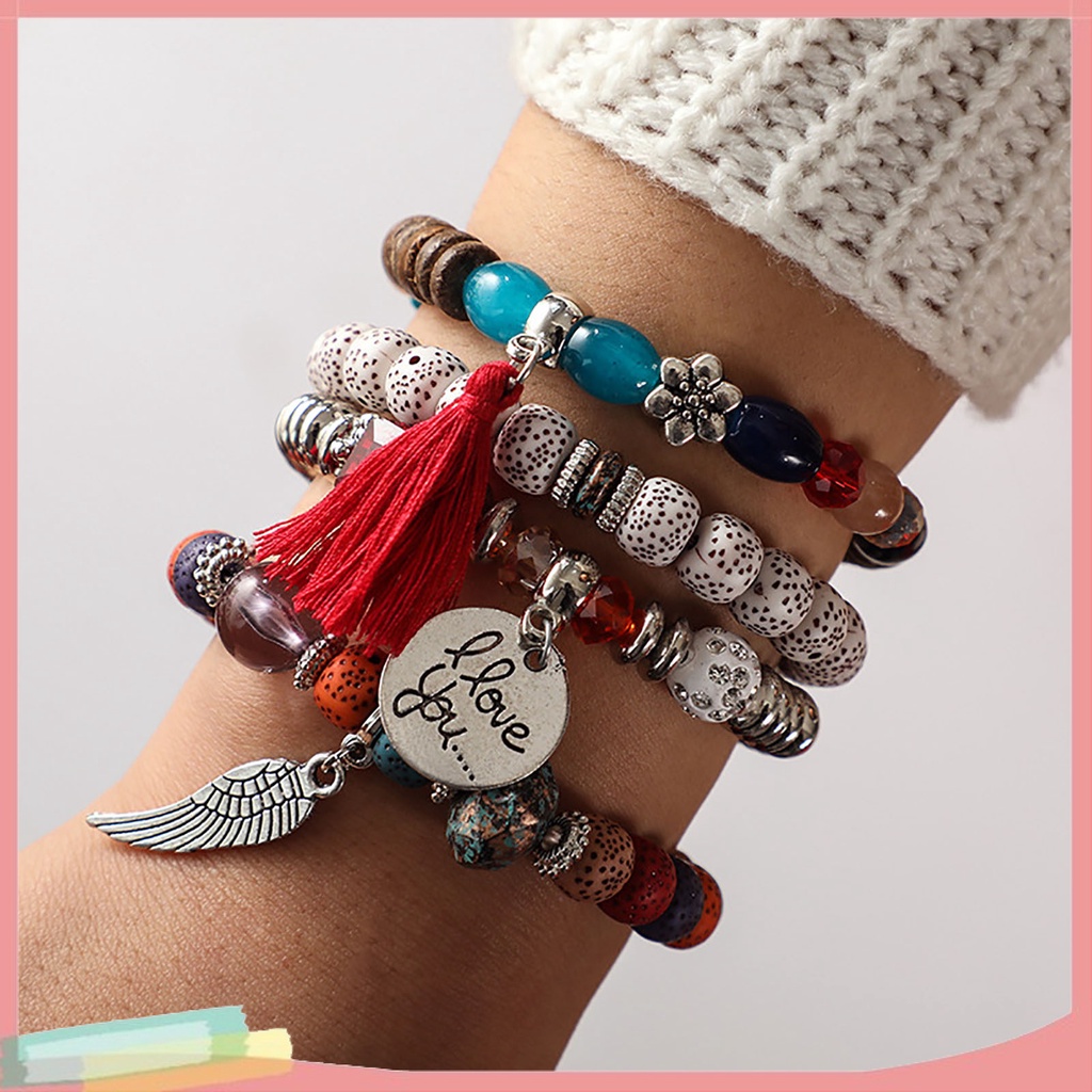 Bộ 4 vòng tay hợp kim trang trí tua rua phong cách bohemian cho nữ