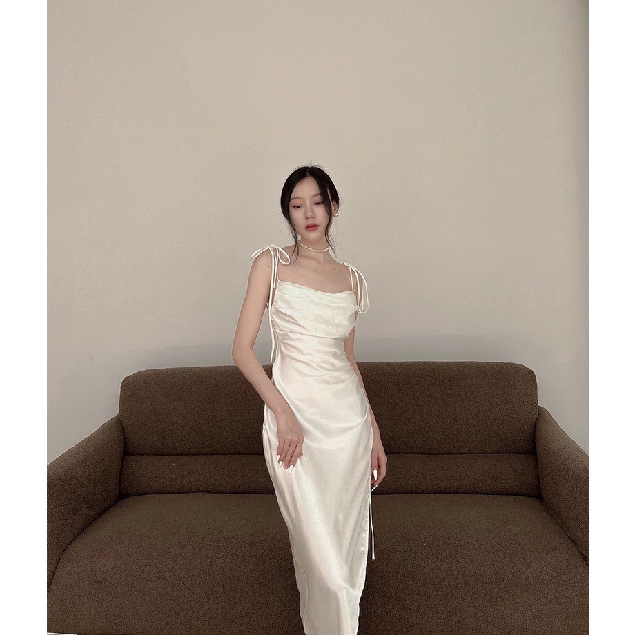 Đầm dự tiệc chất lụa cột dây vai chéo tà xinh xắn - Wendy DRESS
