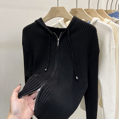 Áo Khoác Cardigan Dệt Kim Tay Dài Dáng Ôm Màu Đen Phối Khóa Kéo Và Dây Rút Phong Cách Vintage