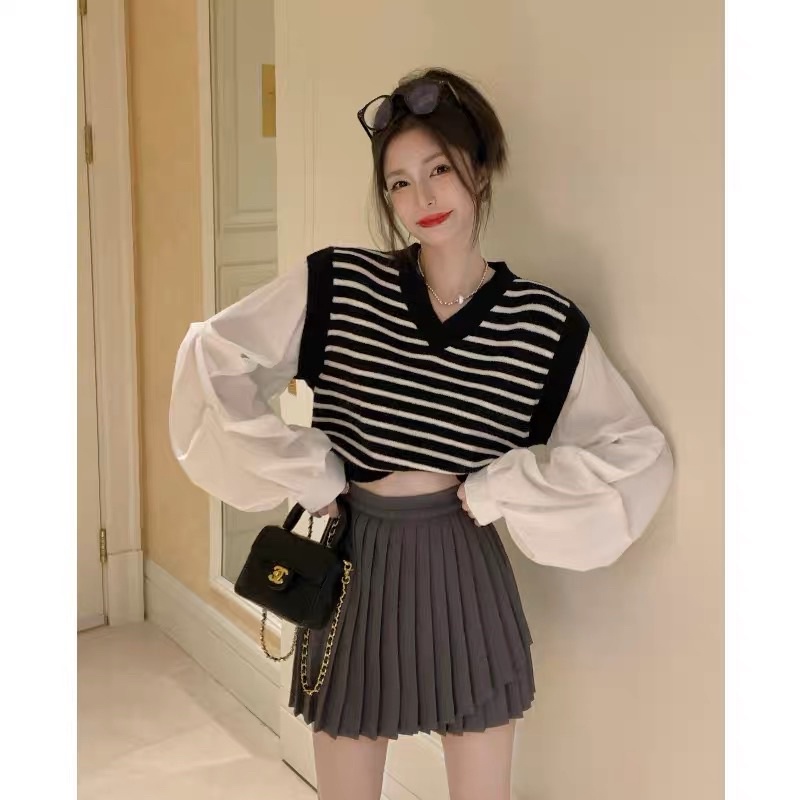 Áo sơ mi giả tay dài kẻ ngang trắng đen