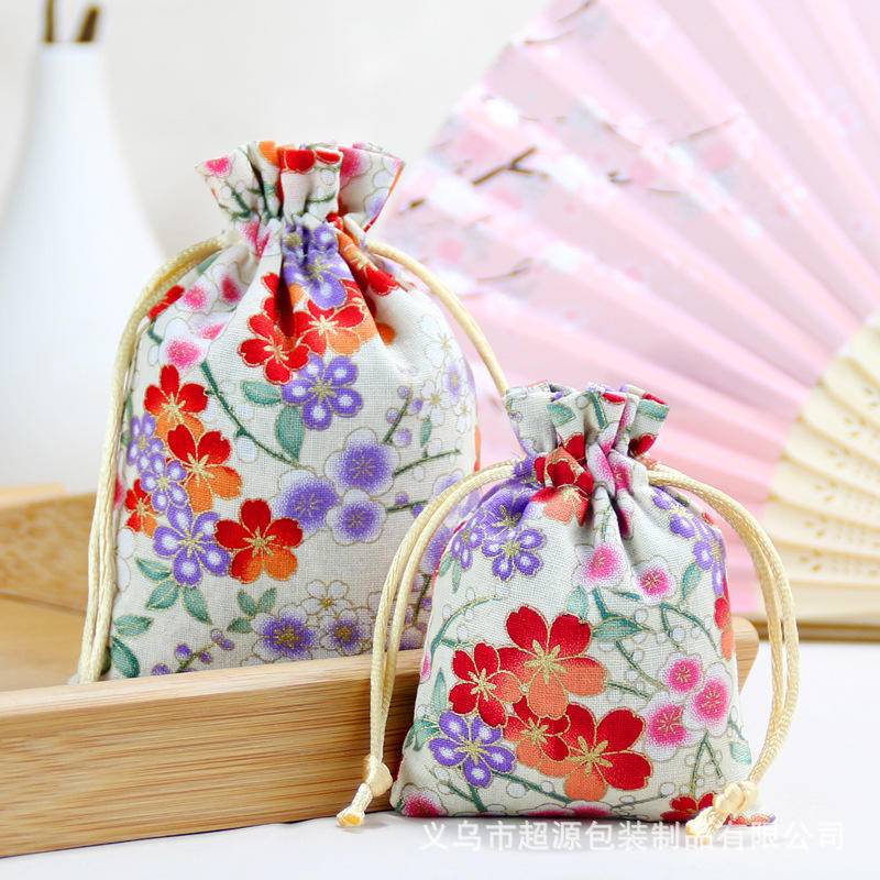 Túi Dây Rút Vải Lanh Cotton Họa Tiết Hoa Anh Đào May Mắn Phong Cách Trung Hoa